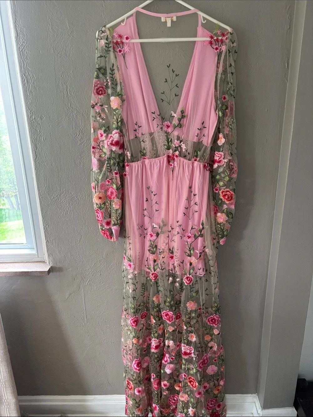 Floral Embroidered Pink & Olive Maxi Dress - Picture 3 of 3